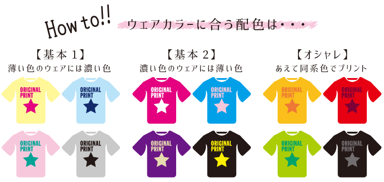 Tシャツの色とプリントカラーの配色見本